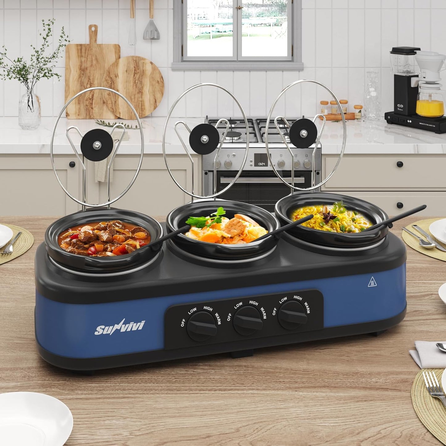 Sunvivi Triple Slow Cooker Buffet Servers and Warmer,3 Pot Food Small Mini Manual Slow Cooker with Adjustable Temp Stainless Steel Lid Rests,Removable Ceramic Pot, 3 * 1.5 Quarts Blue