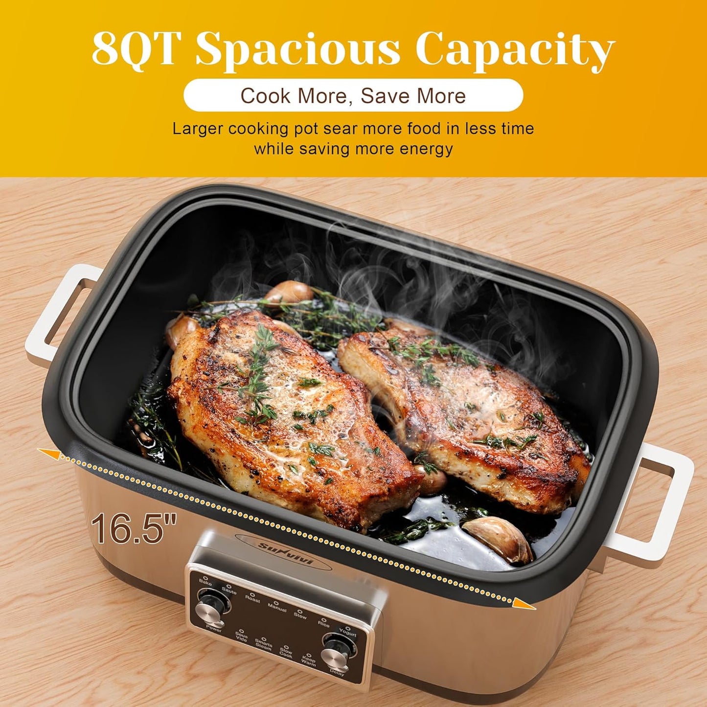 Sunvivi 8 Quart Slow Cooker Roaster Oven, 12 in 1 Programmable Multi-Cooker Food Warmer with Digital Timer, Temp Control, Removable Cast Aluminum Pot & Dishwasher-Safe Tempered Glass Lid