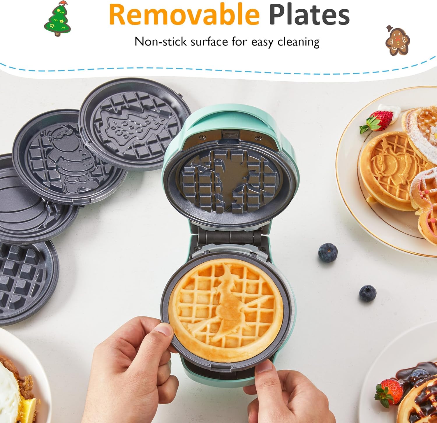 Sunvivi 4" Mini Waffle Maker: 6 in 1 Waffle Iron with 6PC Nonstick Removable Plates Set (Santa Claus, Christmas Tree, Witch & Pumpkin)