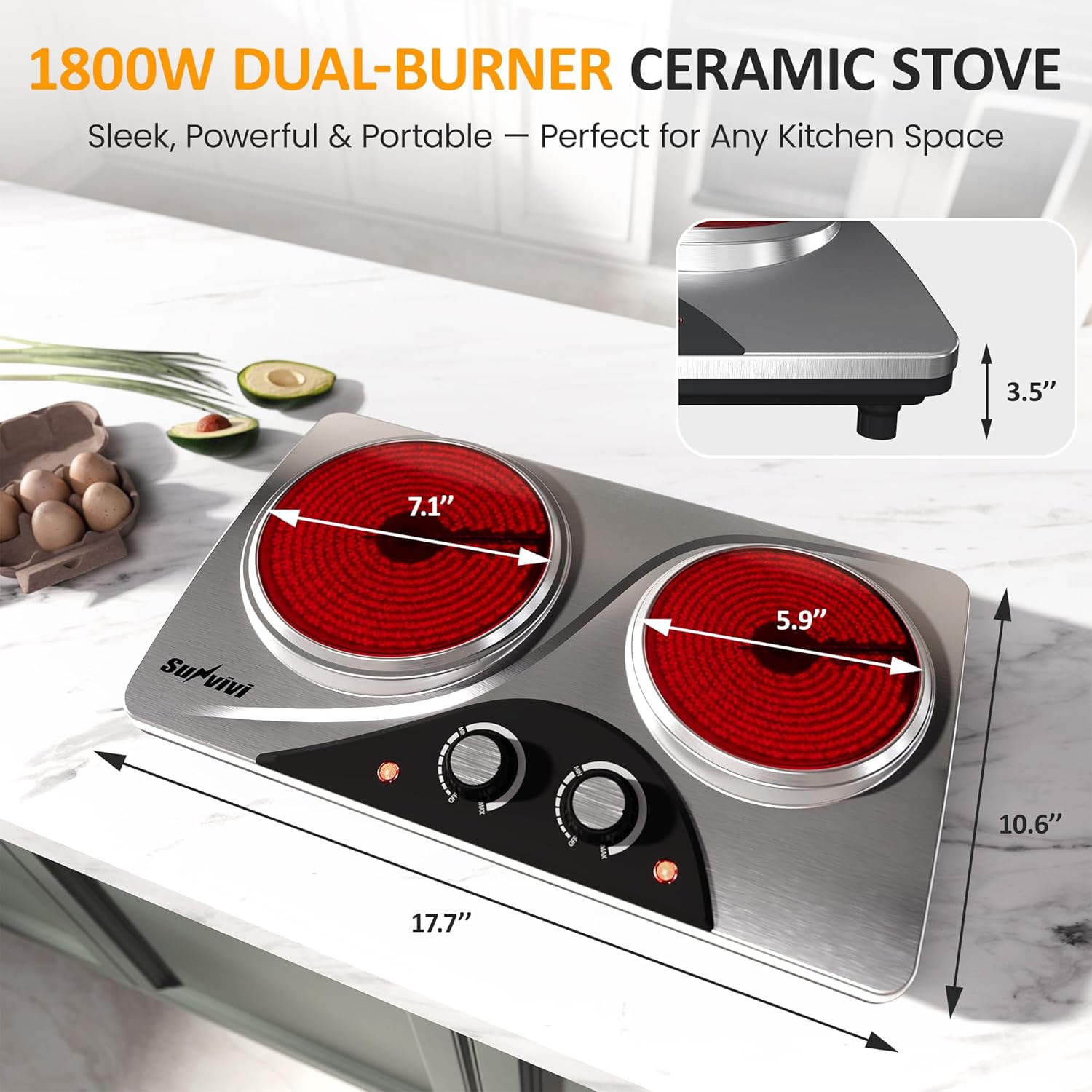 Sunvivi 1800W Dual Burner Portable Electric Ceramic Stove – Knob Control
