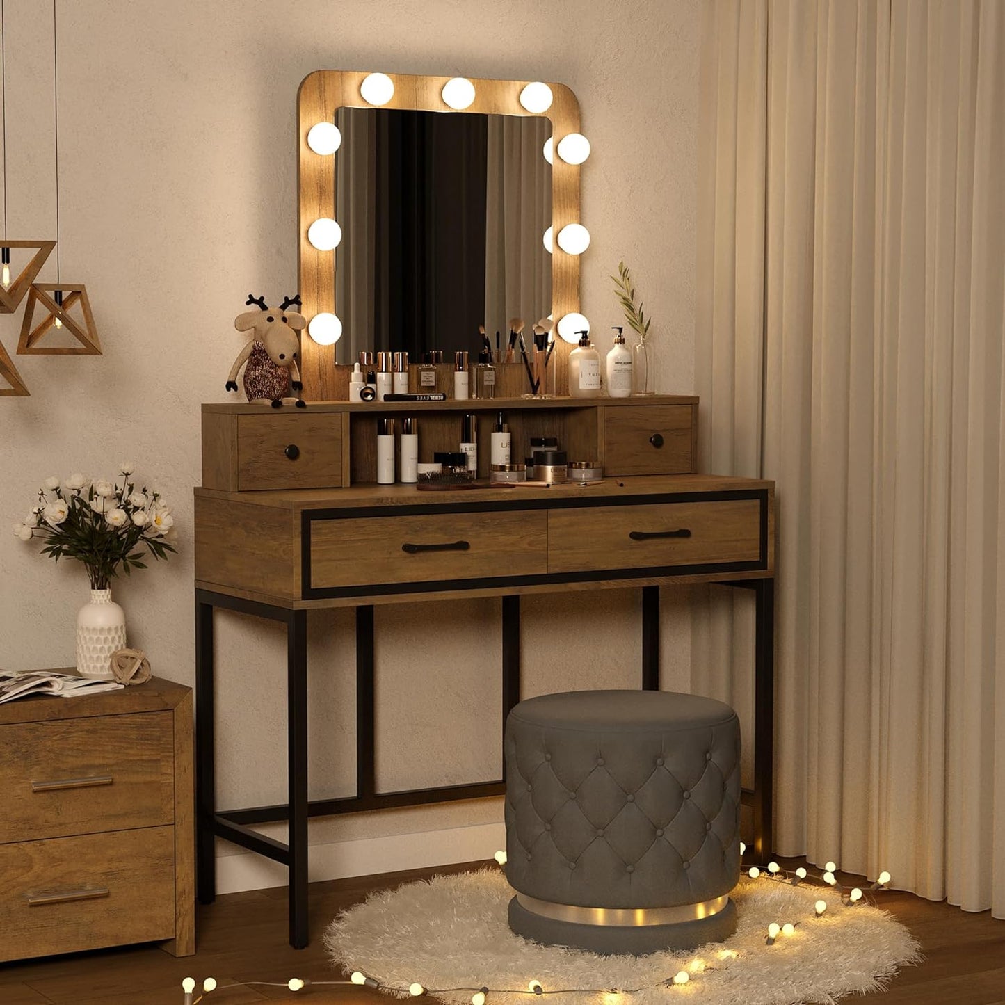 Sunvivi Vanity Desk with Lighted Mirror, 40" Large White Dressing Makeup Vanity Table with 4 Drawers, 3 Color Lighting Modes & 10 Brightness, Dressing Table with Metal Frame for Bedroom