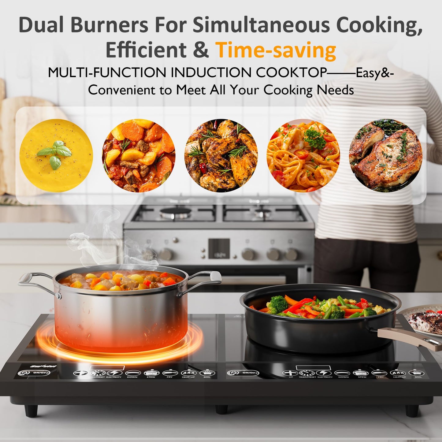 Sunvivi Portable Dual Induction Cooktop, Commercial-Grade Electric Countertop Burner with Timer, Induction Hot Plate with LED Screen, 8 Power(100W-1000W/800W) & 8 Temp Setting(176¡ãF-518¡ãF), Black