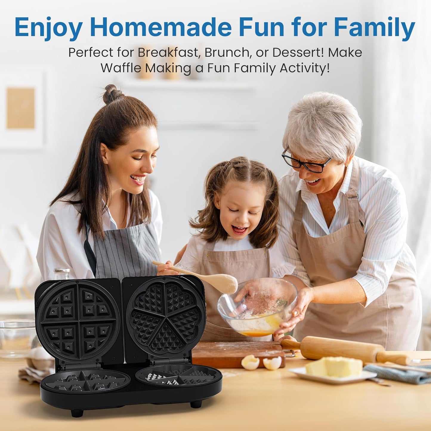 Sunvivi Dual Waffle Maker: Heart Waffle & Classic Waffle Iron with 2 Adjustable Temp Knobs, Nonstick Waffle Machine with Indicator Light, Easy to Clean, Perfect Gift for Her, Kids and Families