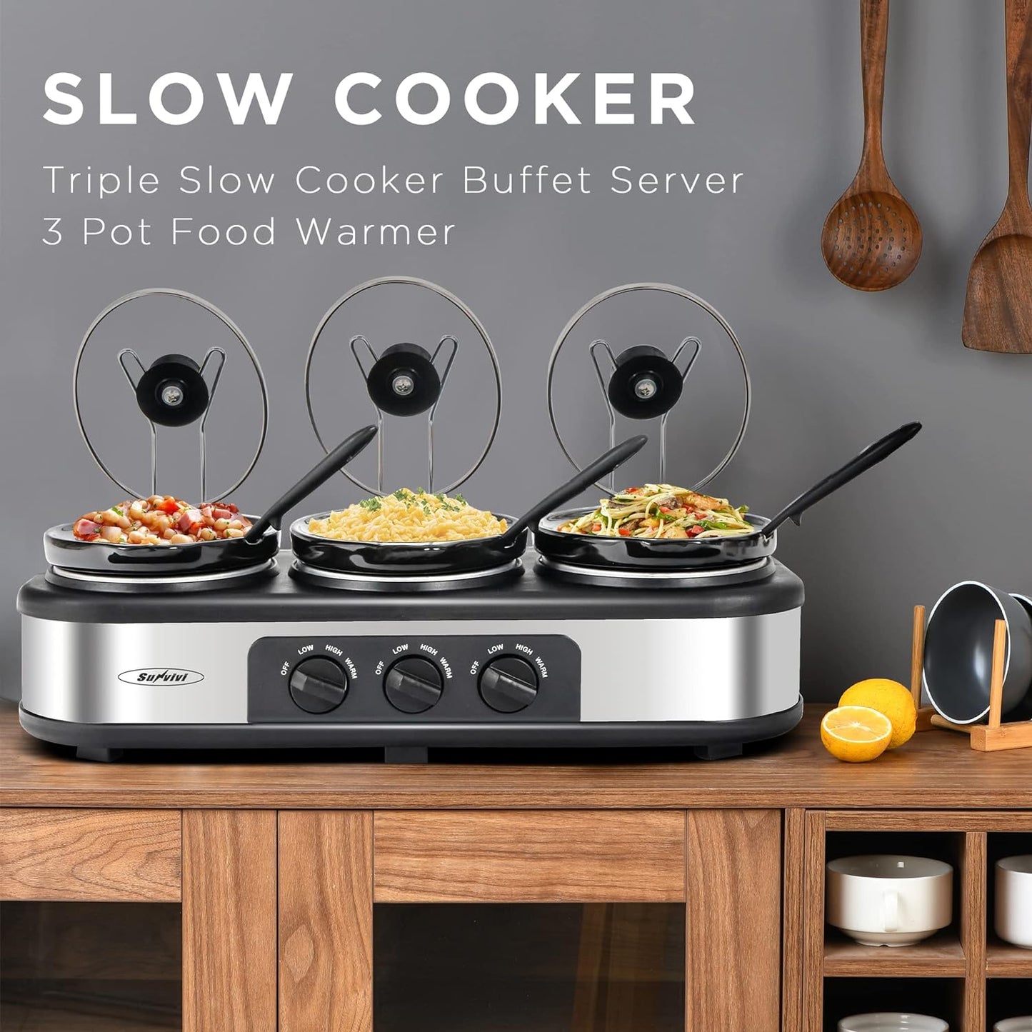 Sunvivi Triple Slow Cooker Buffet Server 3 Pot Food Warmer, 3-Section 1.5-Quart Oval Slow Cooker Adjustable Temp Lid Rests Stainless Steel, Total 4.5 QT