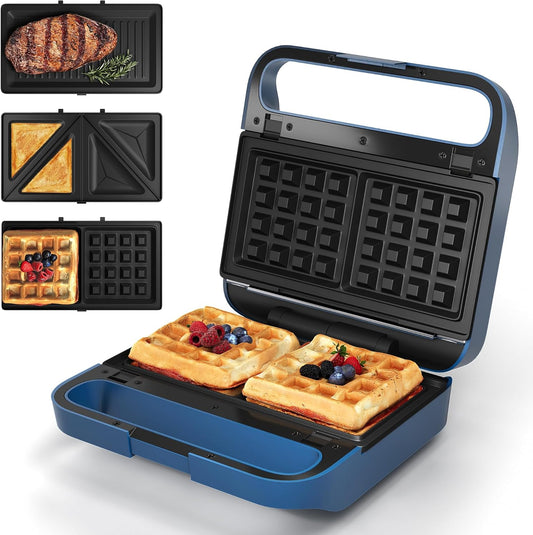 Sunvivi 3 in 1 Sandwich Maker, Electric Waffle Maker with Removable Non-stick Plates, 850W Panini Press Grill with Glass Top, Cool Touch Handle & Easy to Clean