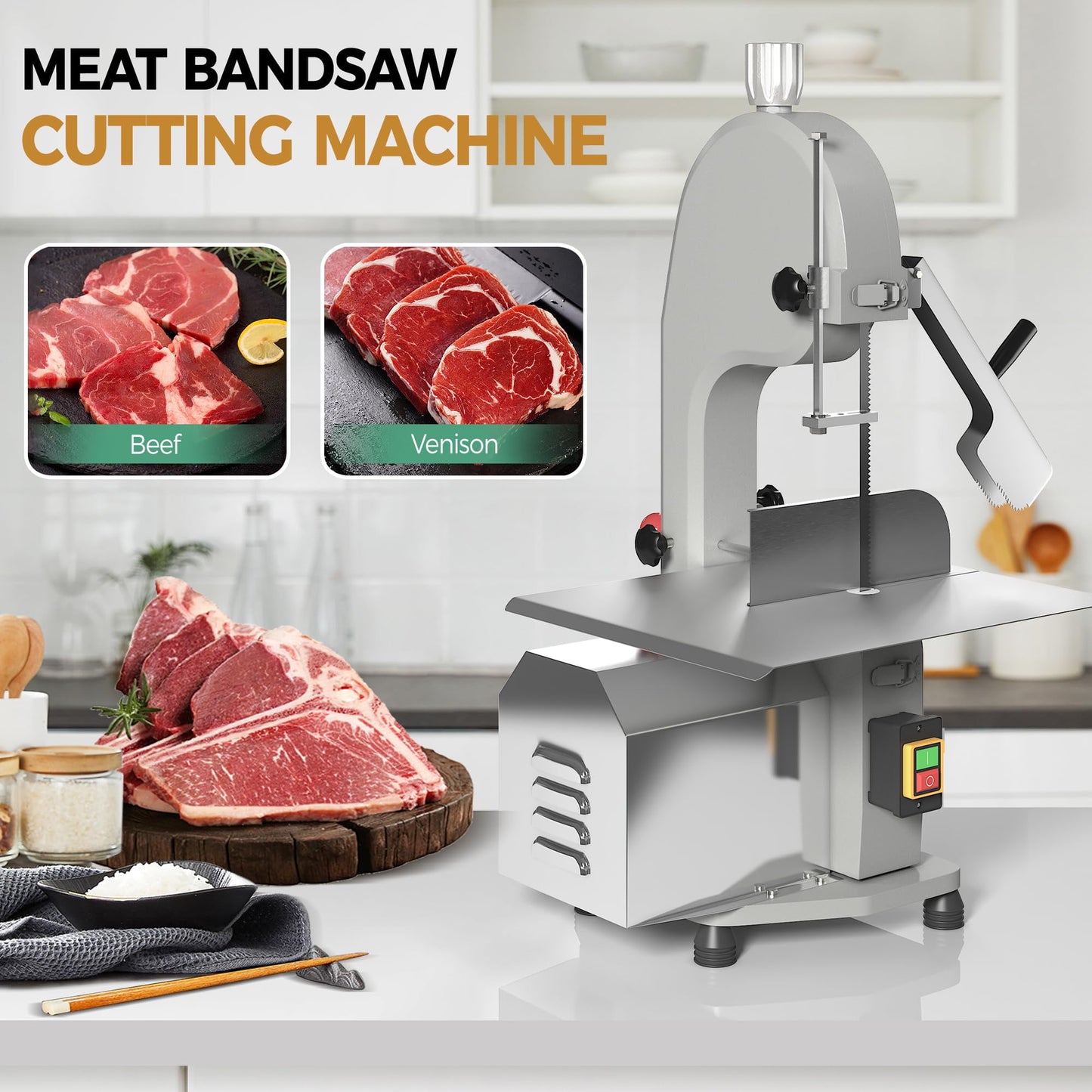 SUNVIVI 1500w Electric Meat Bone Saw with 5 Saw Blades, Beef Bone Cutting Machine Frozen Meat Cutter, Cutting Bandsaw Bone Sawing Machine, 0.16-7.9 Inch Cutting Thickness Butcher Saw