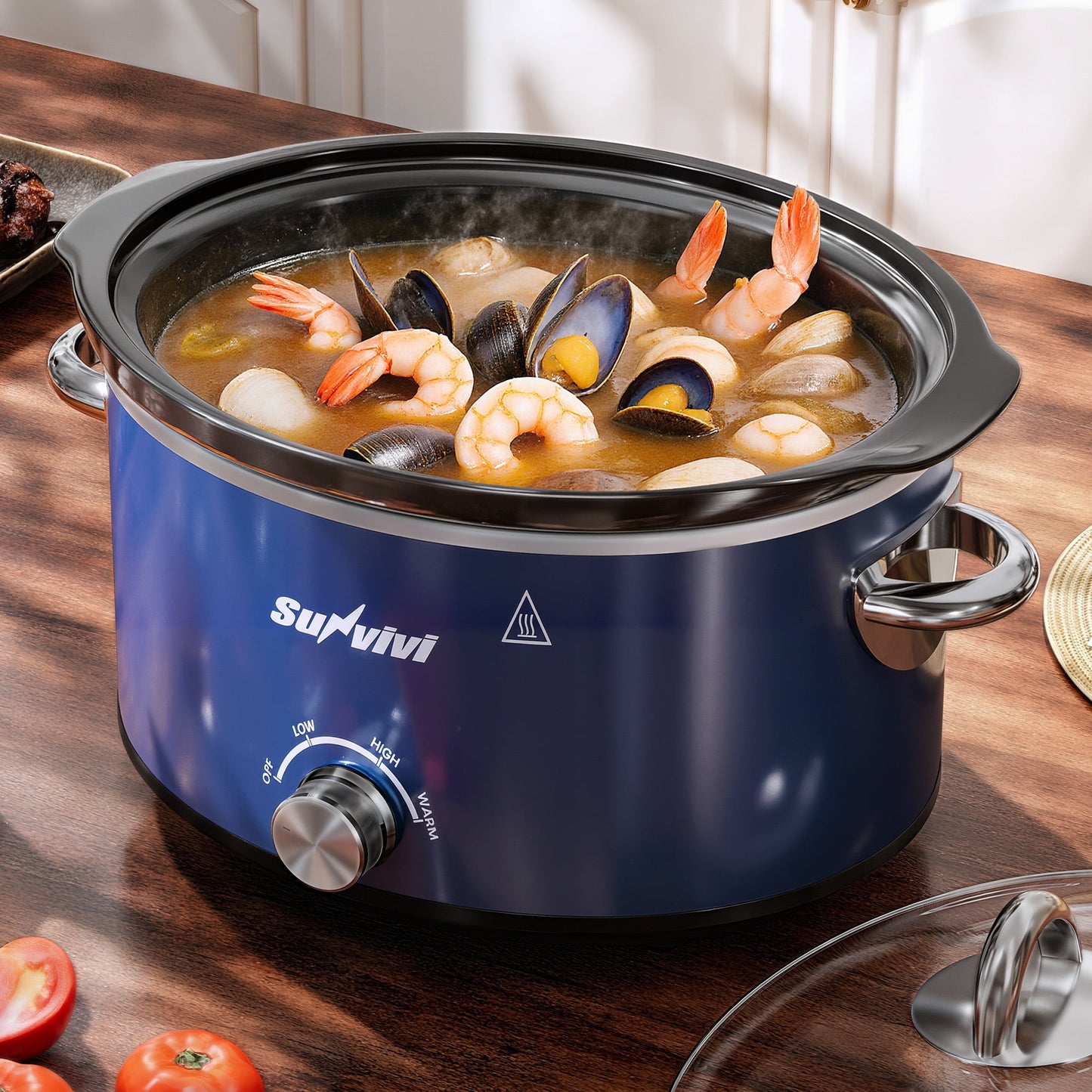 Sunvivi 4QT Compact Slow Cooker & Food Warmer with 3 Temperature Settings, Removable Ceramic Pot, Dishwasher-Safe Glass Lid, Stainless Steel - Blue
