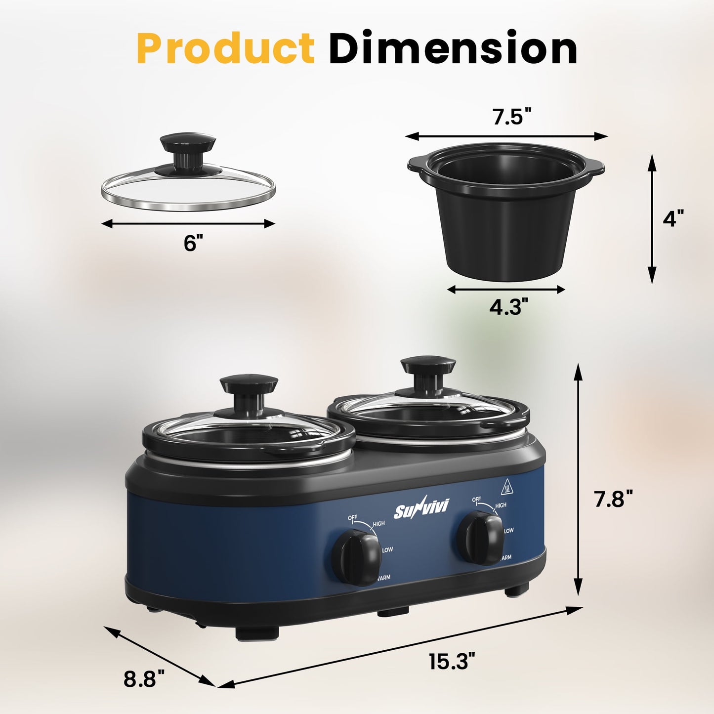 Sunvivi Dual Slow Cooker Buffet Server with 2 Removable Pots and 3 Temps - 2 x 1.25 Qt, Blue
