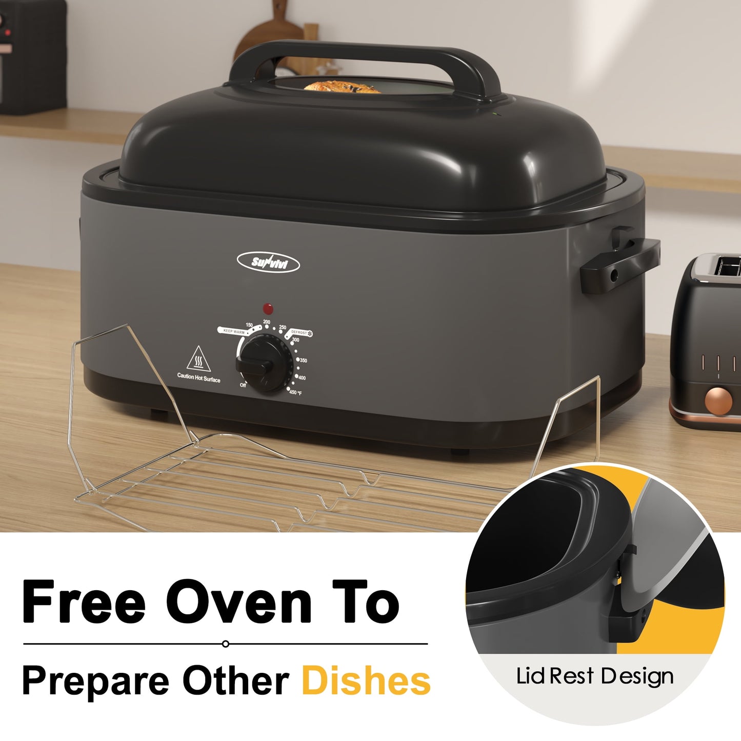 Sunvivi Roaster Oven with Self-Basting Lid, 26qt Electric Roaster with Removable Pan & Rack, Turkey Roaster Oven with Defrost & Warm Function, Stainless Steel, Grey
