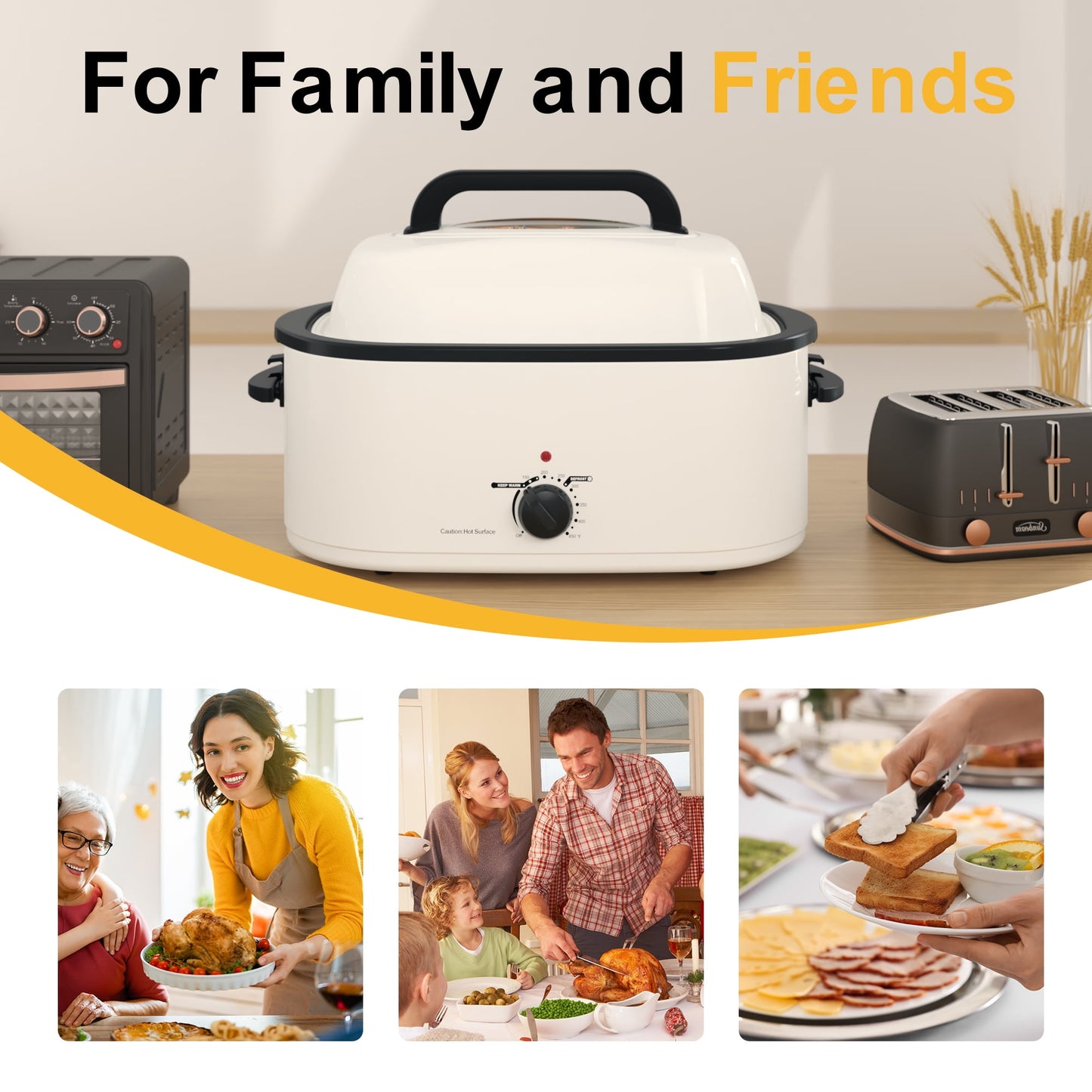 SUNVIVI 26 Quart Electric Turkey Roaster Oven with Visible Glass Lid, with Removable Pan & Rack, Stainless Steel, White