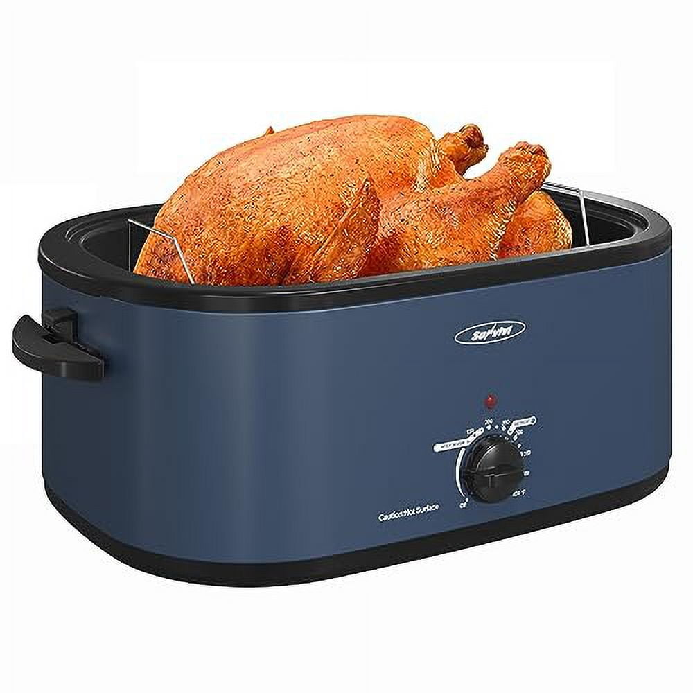 22 Quart Electric Turkey Roaster Oven with Visible Glass Lid,Removable Pan & Rack, Stainless Steel,Blue