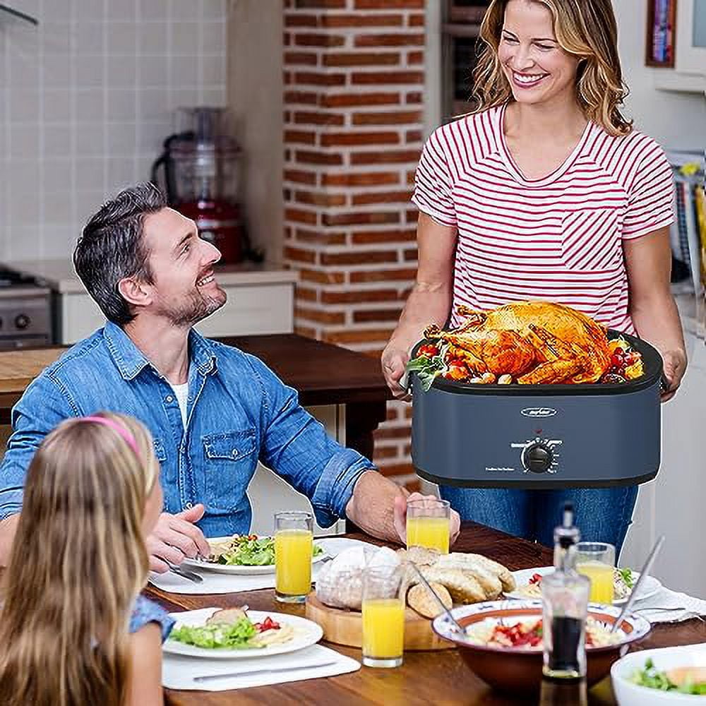 24 Quart Electric Turkey Roaster Oven with Visible Glass Lid,Removable Pan & Rack, Stainless Steel,Blue