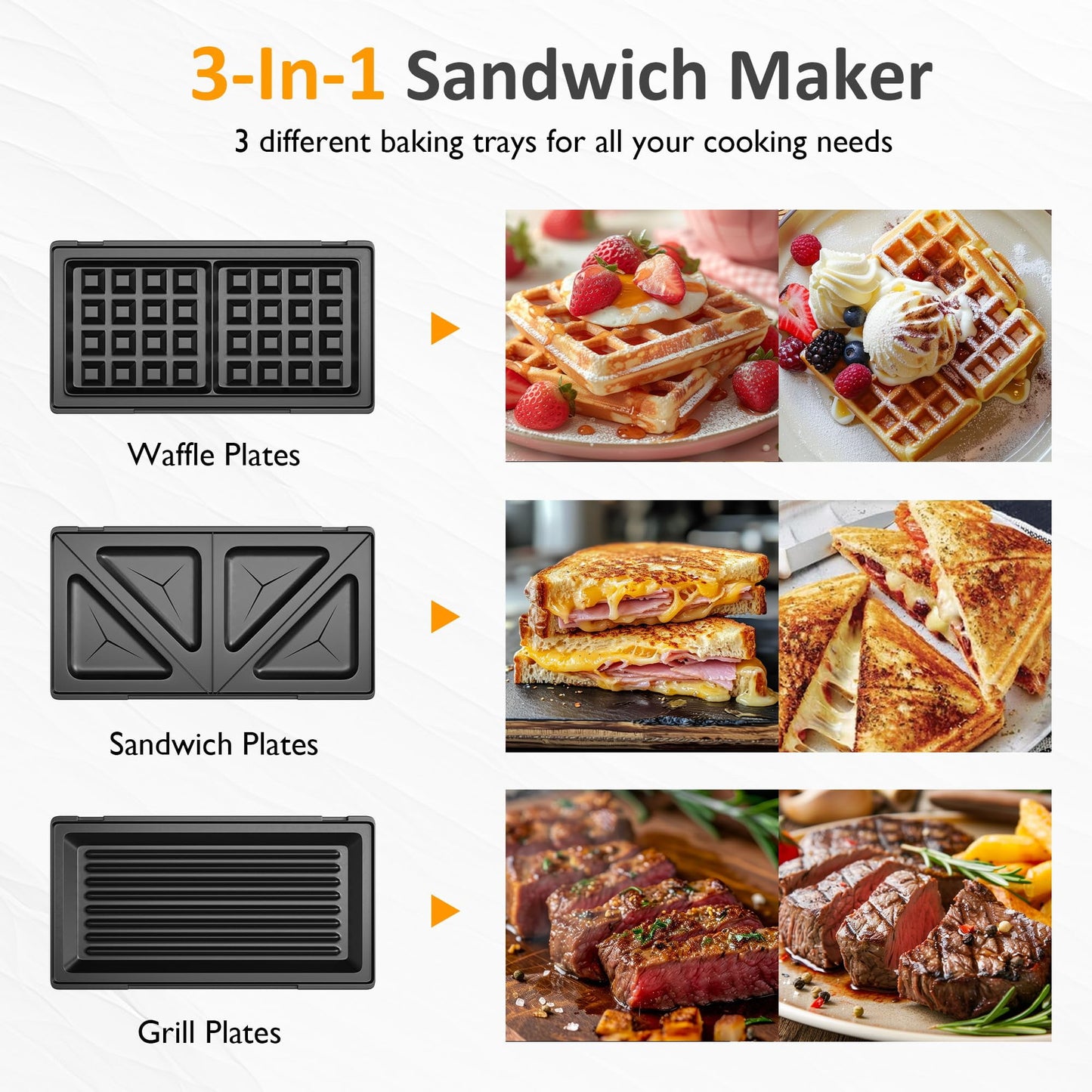 Sunvivi 3 in1 Sandwich Maker, Electric Waffle Maker with Removable Non-stick Plates, 850W Panini Press Grill with Glass Top, Cool Touch Handle & Easy to Clean, Black