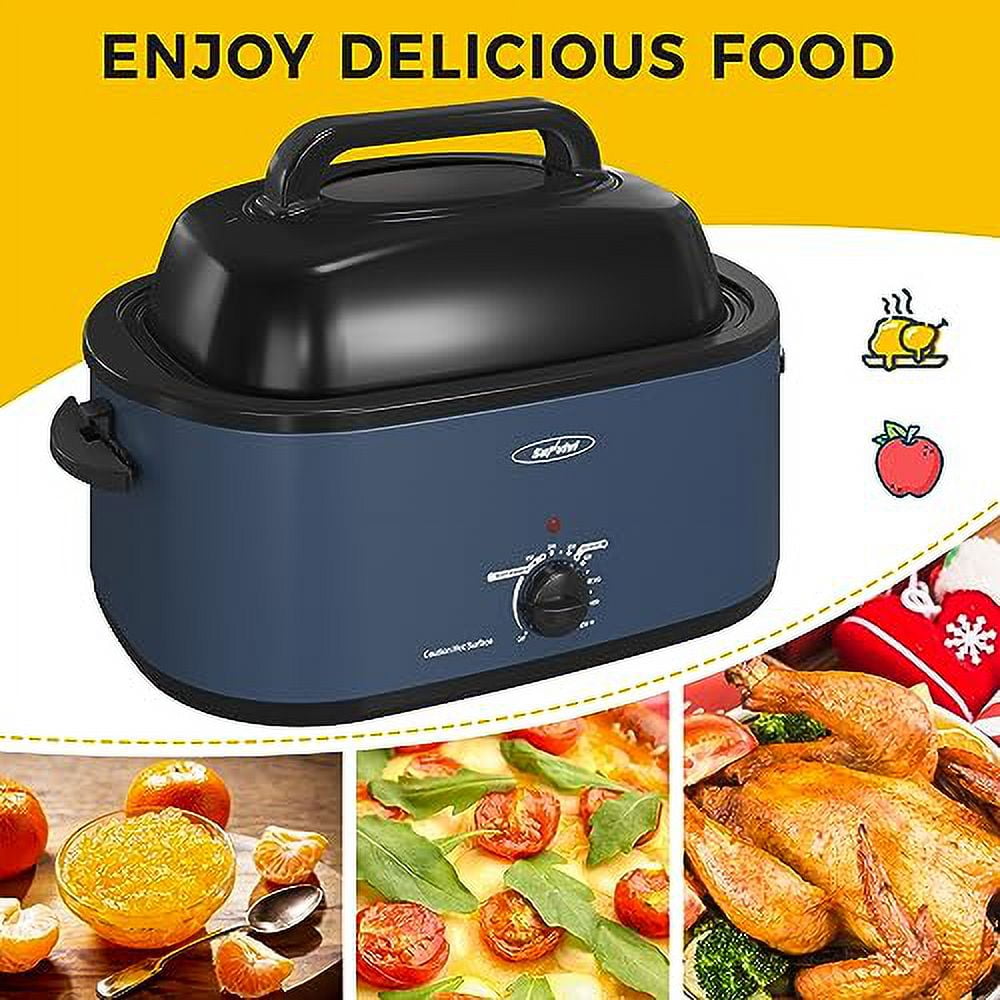 24 Quart Electric Turkey Roaster Oven with Visible Glass Lid,Removable Pan & Rack, Stainless Steel,Blue