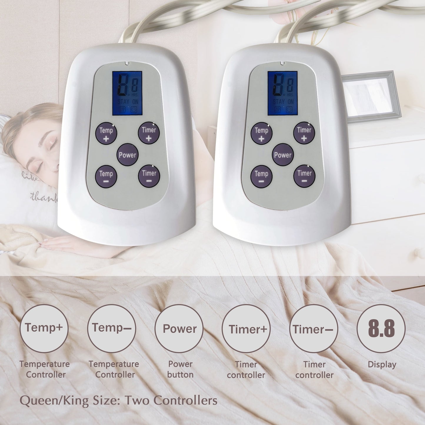 SUNVIVI Electric Blanket Queen Size with Dual Controllers,10 Heating Levels& 12 Hours Auto-off, Blue