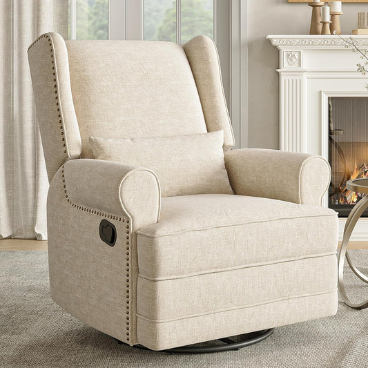 FansaFurn Recliner Comfy Upholstered Glider Lumbar Pillow and Footrest, Swivel Rocking Chair for Living Room, Beige