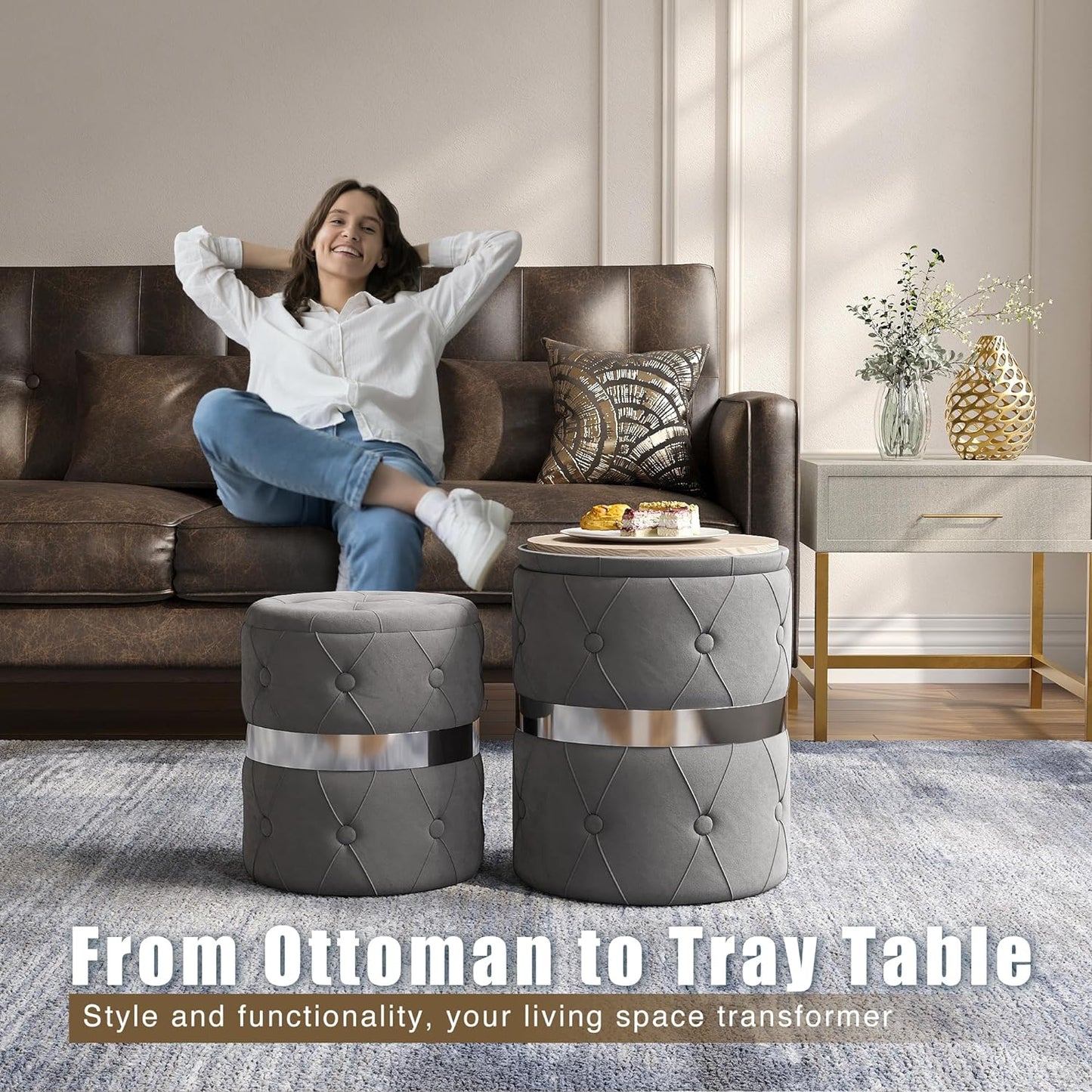 RoyalCraft Round Storage Ottoman Set of 2, Fully Assembled Grey Velvet Vanity Stool Chair, 22QT Large Storage Foot Stool, Support 200lbs Padded Seat for Bedroom, Living Room, Office and Study Room