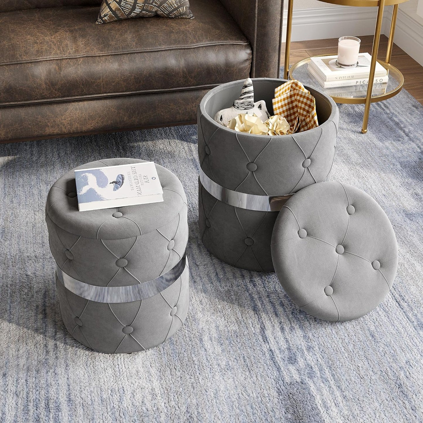 RoyalCraft Round Storage Ottoman Set of 2, Fully Assembled Grey Velvet Vanity Stool Chair, 22QT Large Storage Foot Stool, Support 200lbs Padded Seat for Bedroom, Living Room, Office and Study Room