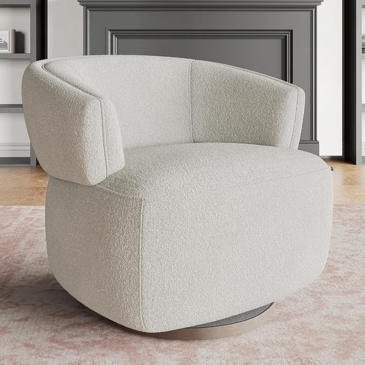 RoyalCraft Swivel Accent Chair, Fully Assembled Round Barrel Chairs, Oversized Upholstered Armchair with 360-Degree Base, Modern Club Chair for Living Room, Bedroom, Office, Ivory