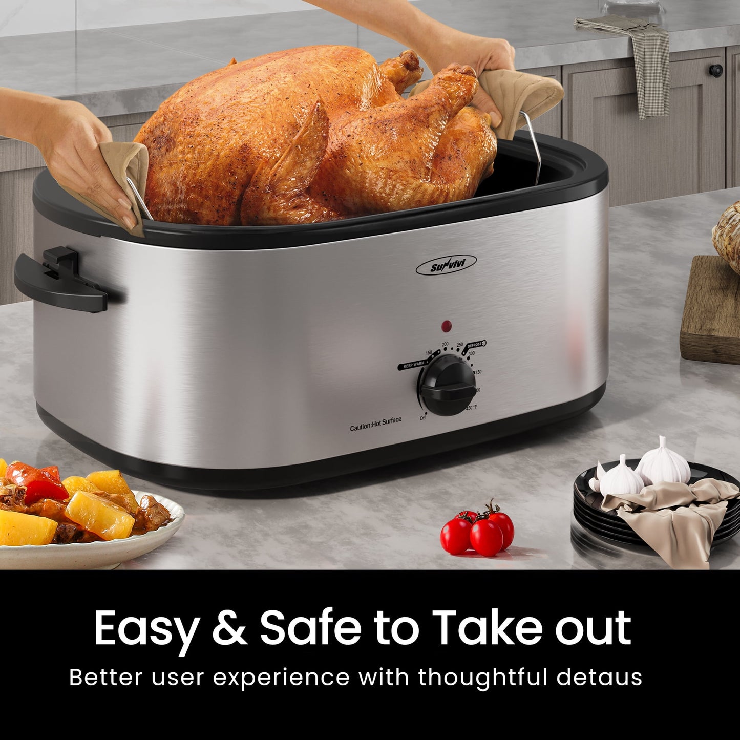 Sunvivi  22 Qt Roaster Oven with Removable Pan, Electric Turkey Roaster with Self-Basting Glass Lid, Silver