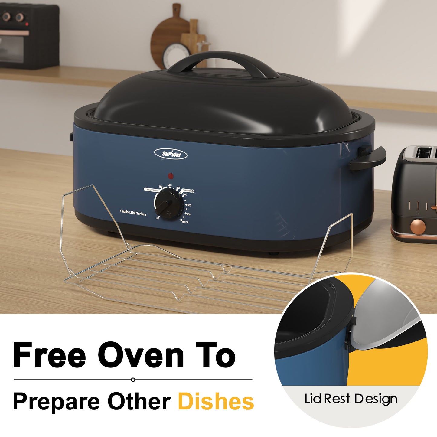 18-Quart Roaster Oven, Electric Roaster Oven with Self-Basting Lid, Turkey Roaster with Unique Defrost/Warm Function, Large Roaster with Removable Pan & Rack, Stainless Steel, Blue