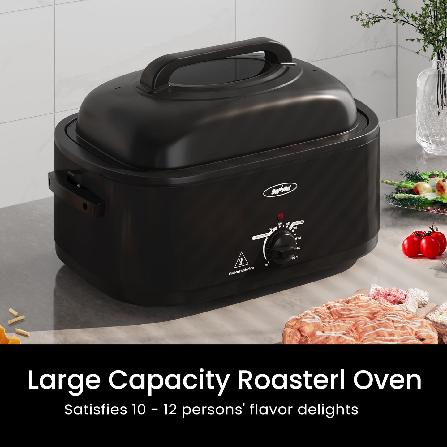 Sunvivi Roaster Oven with Self-Basting Lid, 18qt Electric Roaster with Removable Pan & Rack, Turkey Roaster Oven with Defrost & Warm Function, Stainless Steel, Black