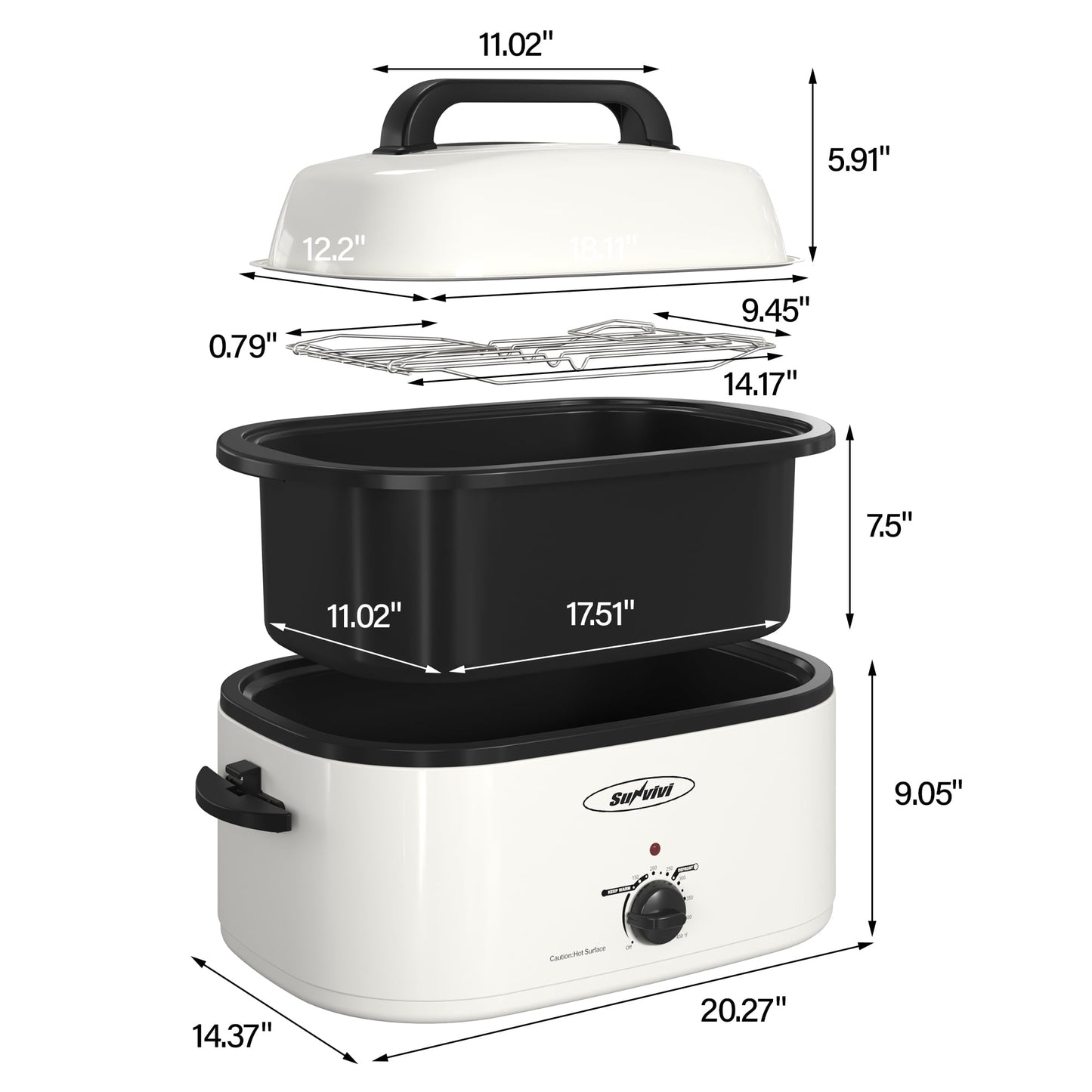 Sunvivi 22 Quart Electric Turkey Roaster Oven with Visible Glass Lid,and Removable Pan & Rack, Stainless Steel,White