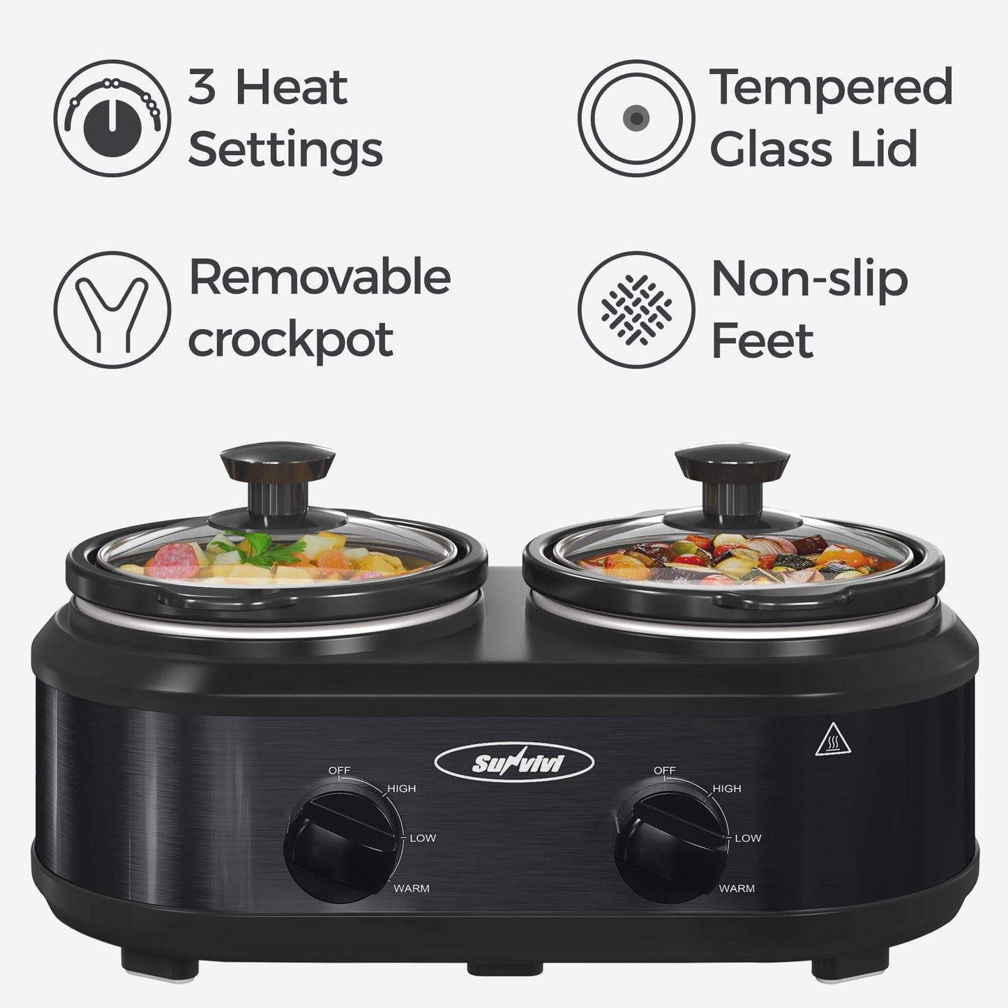 SUNVIVI Small Double Slow Cooker, 2 Pot 1.25 Quart Oval Crock Food Warmer Buffet Server, Stainless Steel