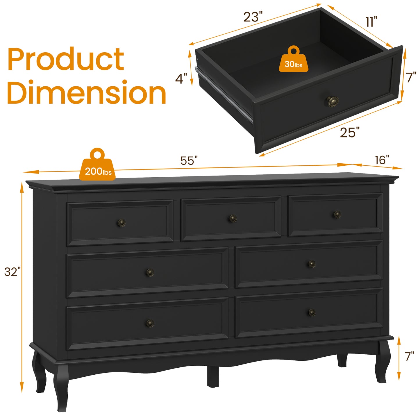 Royalcraft Dresser for Bedroom, 7 Drawers Dresser with Distinctive Wooden Legs & Black Paint Finish, Black Drawer Dresser with Spacious Storage Space for Bedroom, Living Room, Hallway