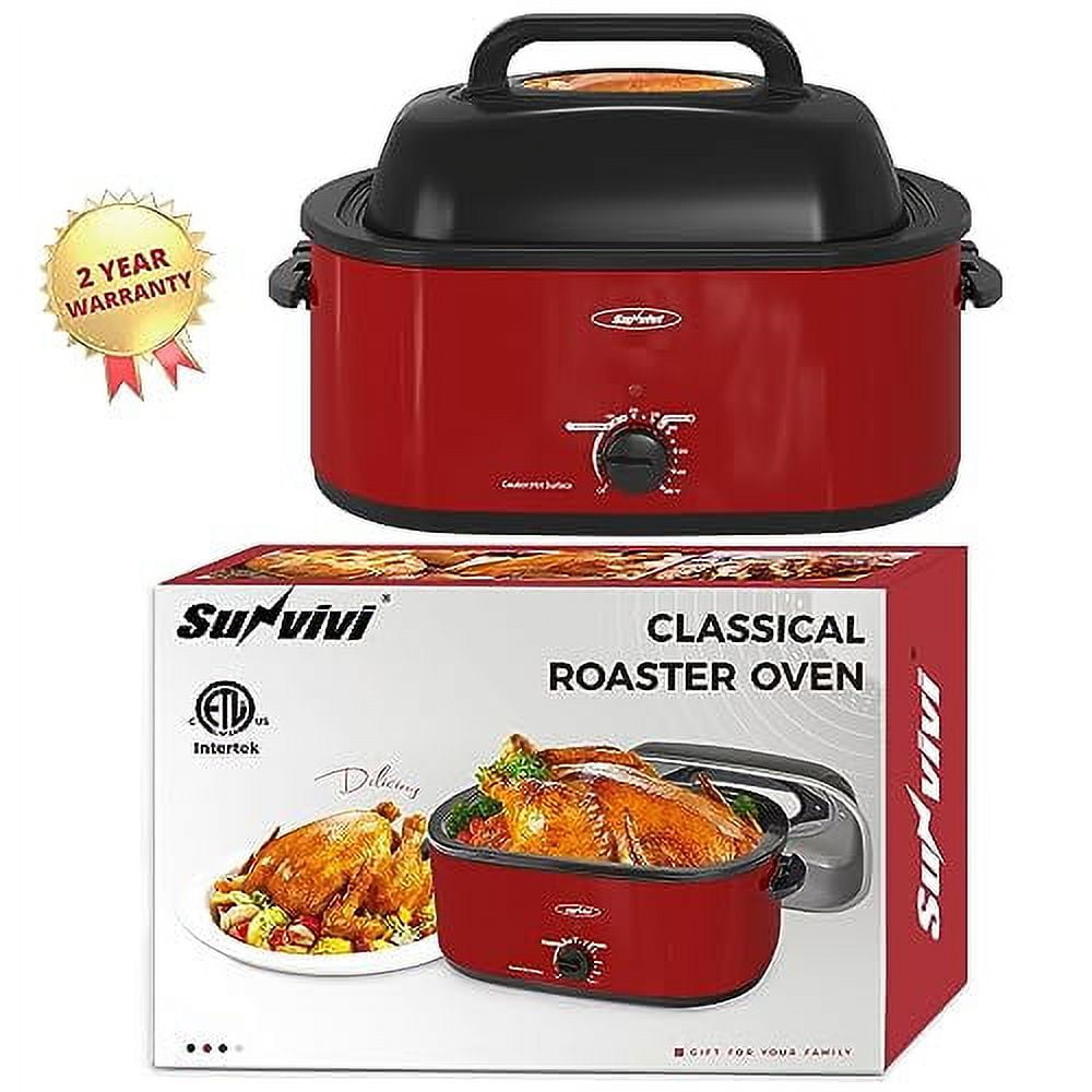 SUNVIVI 20 Quart Turkey Electric Roaster Oven with Self-Basting Lids, Stainless Steel, Red
