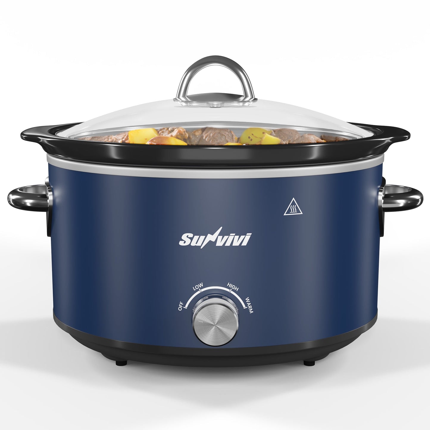Sunvivi 4QT Compact Slow Cooker & Food Warmer with 3 Temperature Settings, Removable Ceramic Pot, Dishwasher-Safe Glass Lid, Stainless Steel - Blue