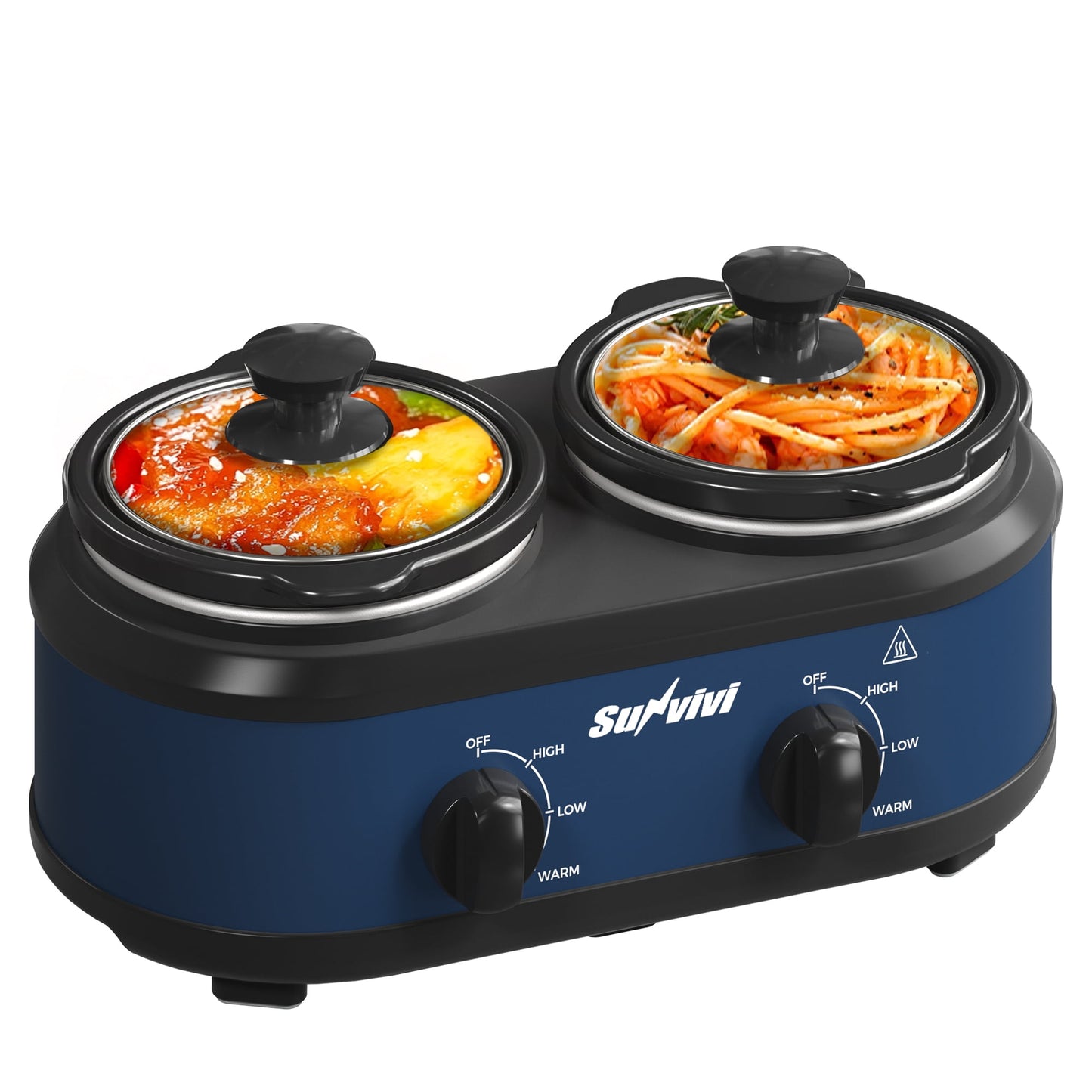 Sunvivi Dual Slow Cooker Buffet Server with 2 Removable Pots and 3 Temps - 2 x 1.25 Qt, Blue
