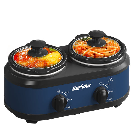 Sunvivi Dual Slow Cooker Buffet Server with 2 Removable Pots and 3 Temps - 2 x 1.25 Qt, Blue