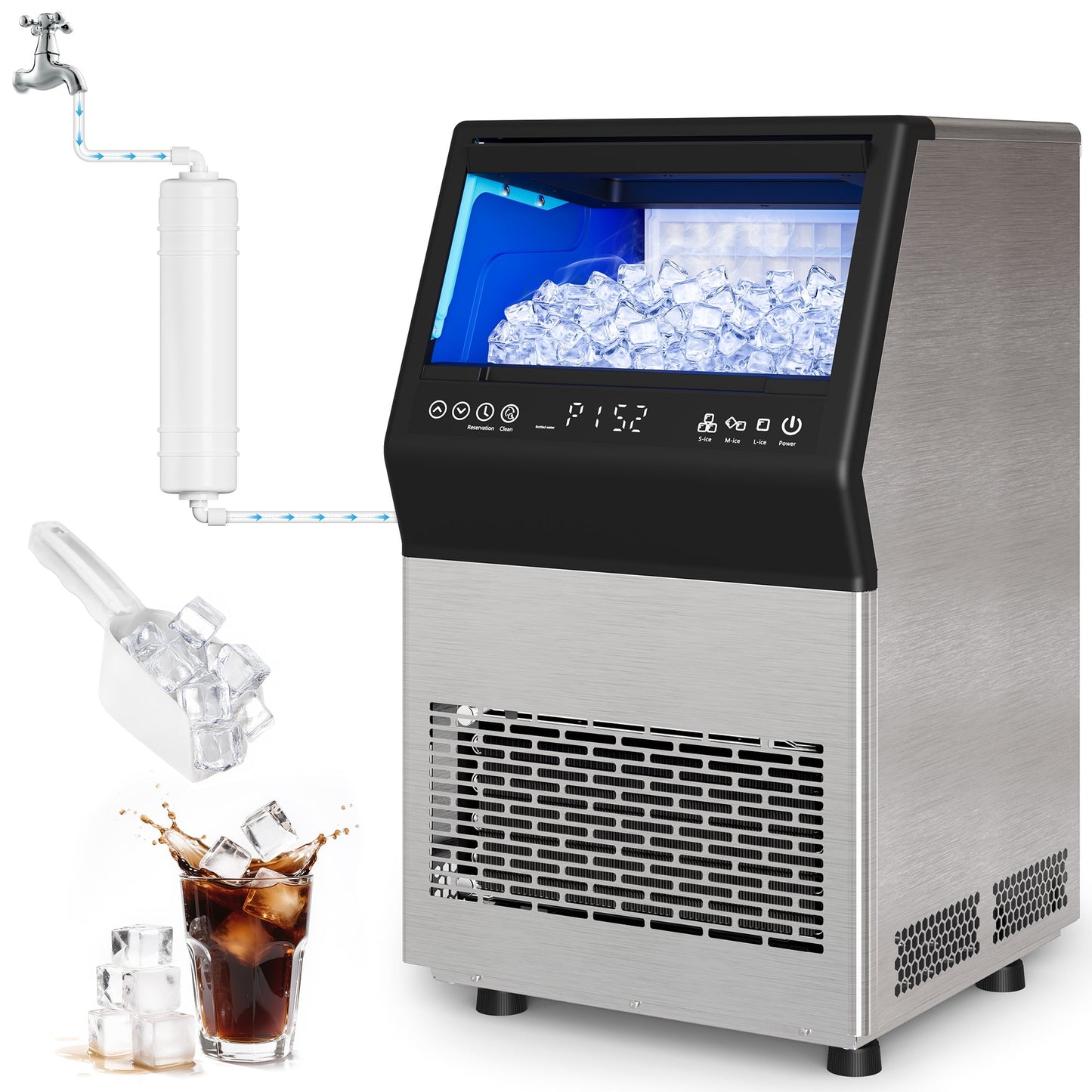 Commercial Cube Ice Maker Machine: 88-110 lbs/24H, 8-15 Minutes Fast Ice Production, Large Ice Maker with Dual Water Supply, Energy-Efficient for Home, Bar & Restaurant, Sliver
