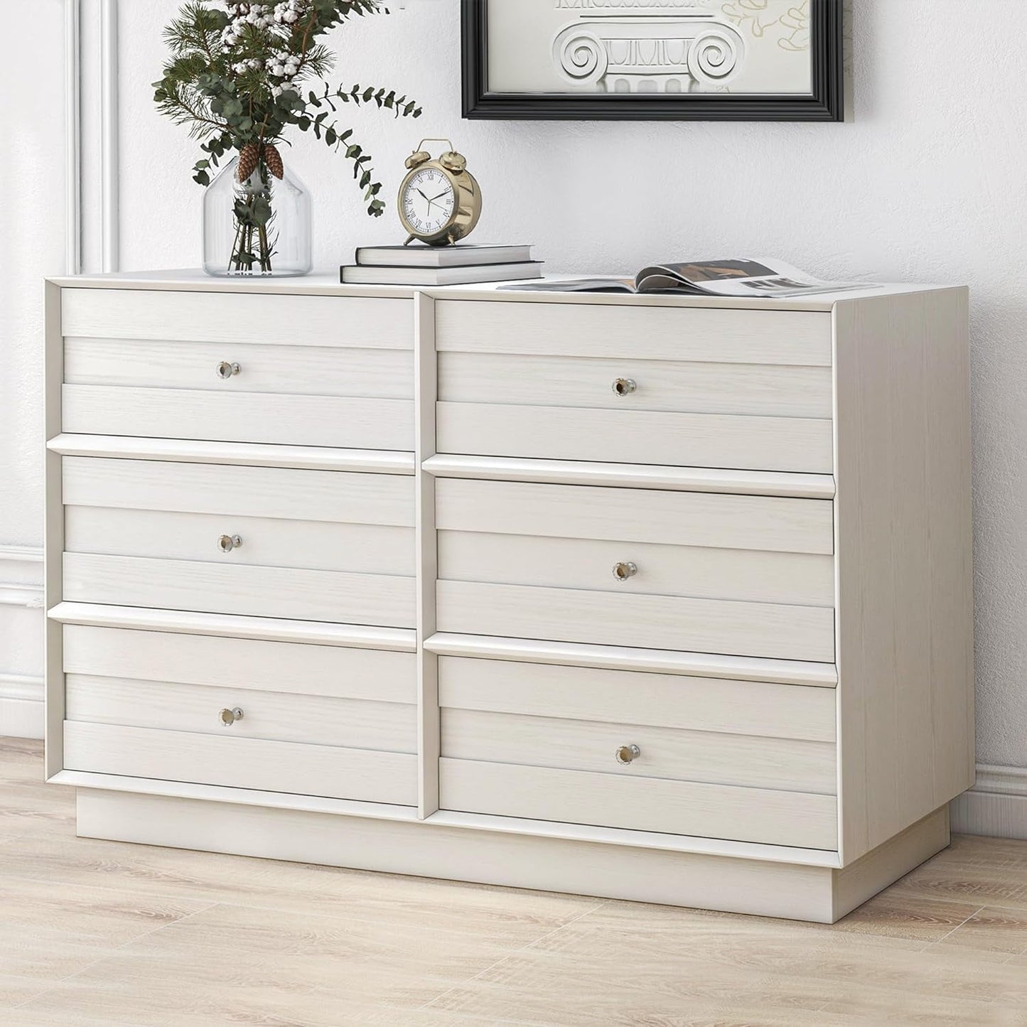 Sunvivi 6 Drawer Dresser, Modern Closet Dressers Chest of Drawers with Crystal Knobs & Decorative Painted Strip