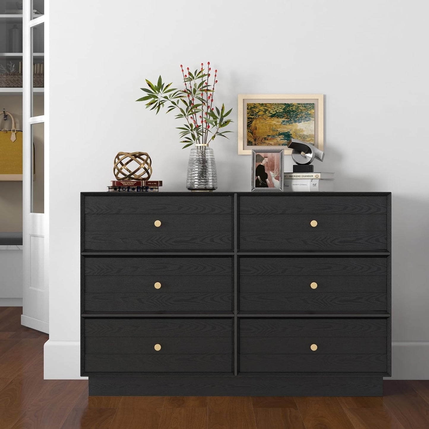 Sunvivi 6 Drawer Dresser, Modern Closet Dressers Chest of Drawers with Crystal Knobs & Decorative Painted Strip