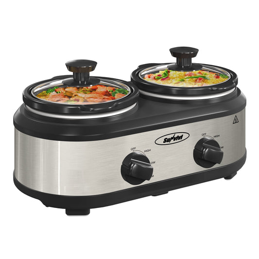 Sunvivi Small Double Slow Cooker, 2 Pot 1.25 Quart Oval Crock Food Warmer Buffet Server, Stainless Steel