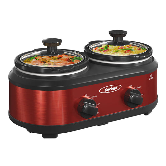 Sunvivi Double Slow Cooker,2 Pot Small Mini Crock Buffet Servers and Warmer,Dual Pot Oval Manual Slow Cooker with Adjustable Temp Removable Ceramic Pot,Stainless Steel, Total 2.5 Quarts Red