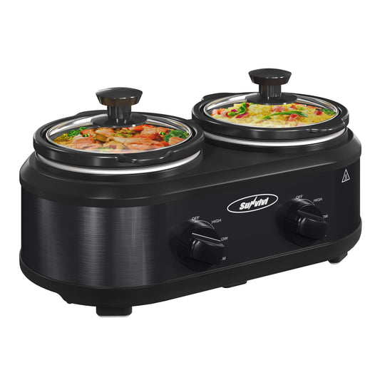 Double Slow Cooker,2 Pot Small Mini Crock Buffet Servers and Warmer,Dual Pot Oval Manual Slow Cooker with Adjustable Temp Removable Ceramic Pot,Stainless Steel, Total 2.5 Quarts Black