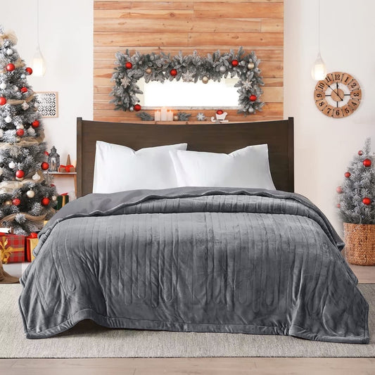 Royalcraft Electric Blanket Queen Size 84"x90" Flannel Heated Throw Blanket, Dual Controls Setting Electric Blanket, 10 Heating Levels, 12H Auto-off, Grey