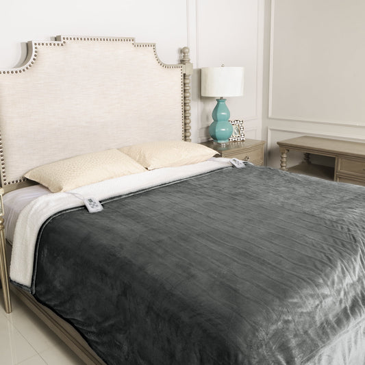 Royalcraft Heated Blanket King Size, Electric Throw Dual Control , 10 Heat Settings, 12 Hours Auto Off, Soft Flannel and Sherpa, Machine Washable , Grey