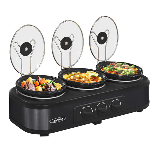 Royalcraft Triple Slow Cooker Buffet Servers and Warmer,3 Pot Food Small Mini Manual Slow Cooker with Adjustable Temp Stainless Steel Lid Rests,Removable Ceramic Pot,4.5 QT Black