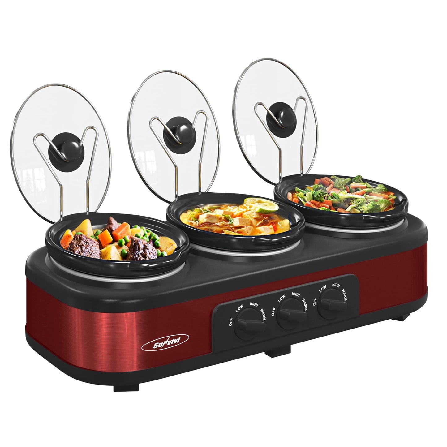 Royalcraft Triple Slow Cooker Buffet Servers and Warmer,3 Pot Food Small Mini Manual Slow Cooker with Adjustable Temp Stainless Steel Lid Rests,Removable Ceramic Pot,4.5 QT Red