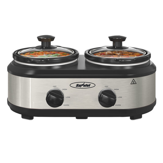 SUNVIVI Dual Pot Slow Cooker, 2 Pot Small Mini Crock Buffet Server and Warmer with Ceramic Pot, Adjustable Temp