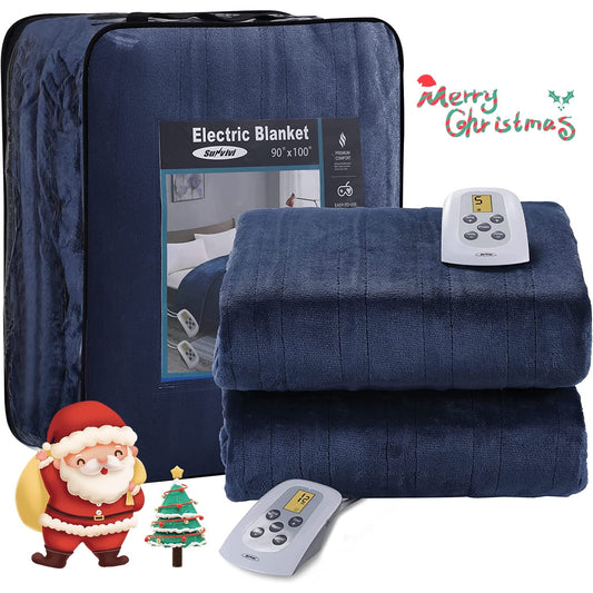 SUNVIVI Electric Blanket Queen Size with Dual Controllers,10 Heating Levels& 12 Hours Auto-off, Blue