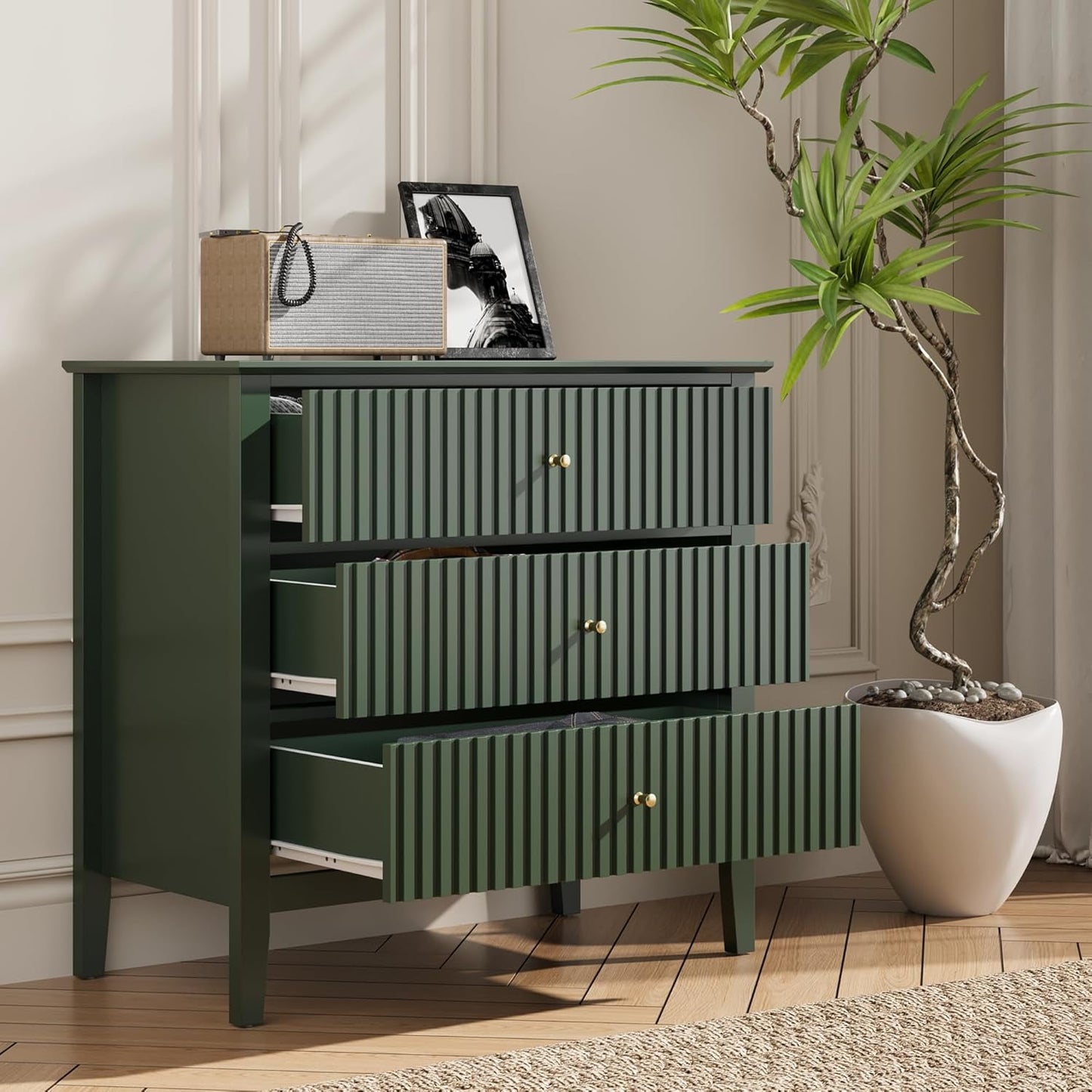 SUNVIVI Fluted 3 Drawer Dresser, Wide Chest of Drawers with Ball Bearing Slide Modern Nightstand Cabinet Wood Dresser with Spacious Storage for Bedroom, Hallway, Living Room, Entryway, Green