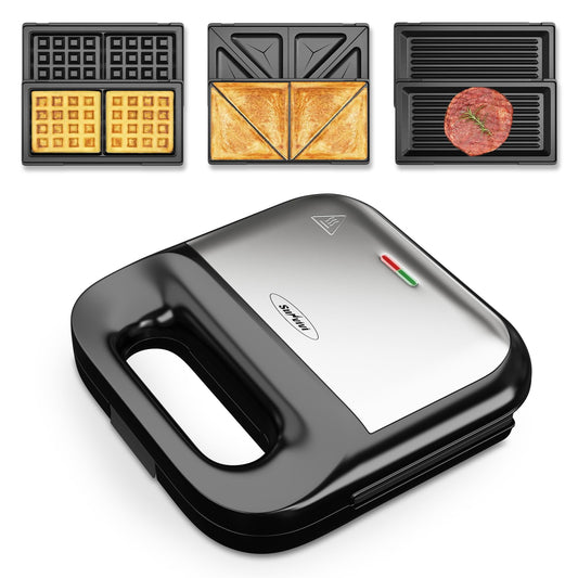 SUNVIVI Sandwich Maker, Panini Press Grill and Waffle Iron Set, 3 in1 Electric Sandwich Press with Removable Non-Stick Plates, Indicator Lights & Cool Touch Handle 750W
