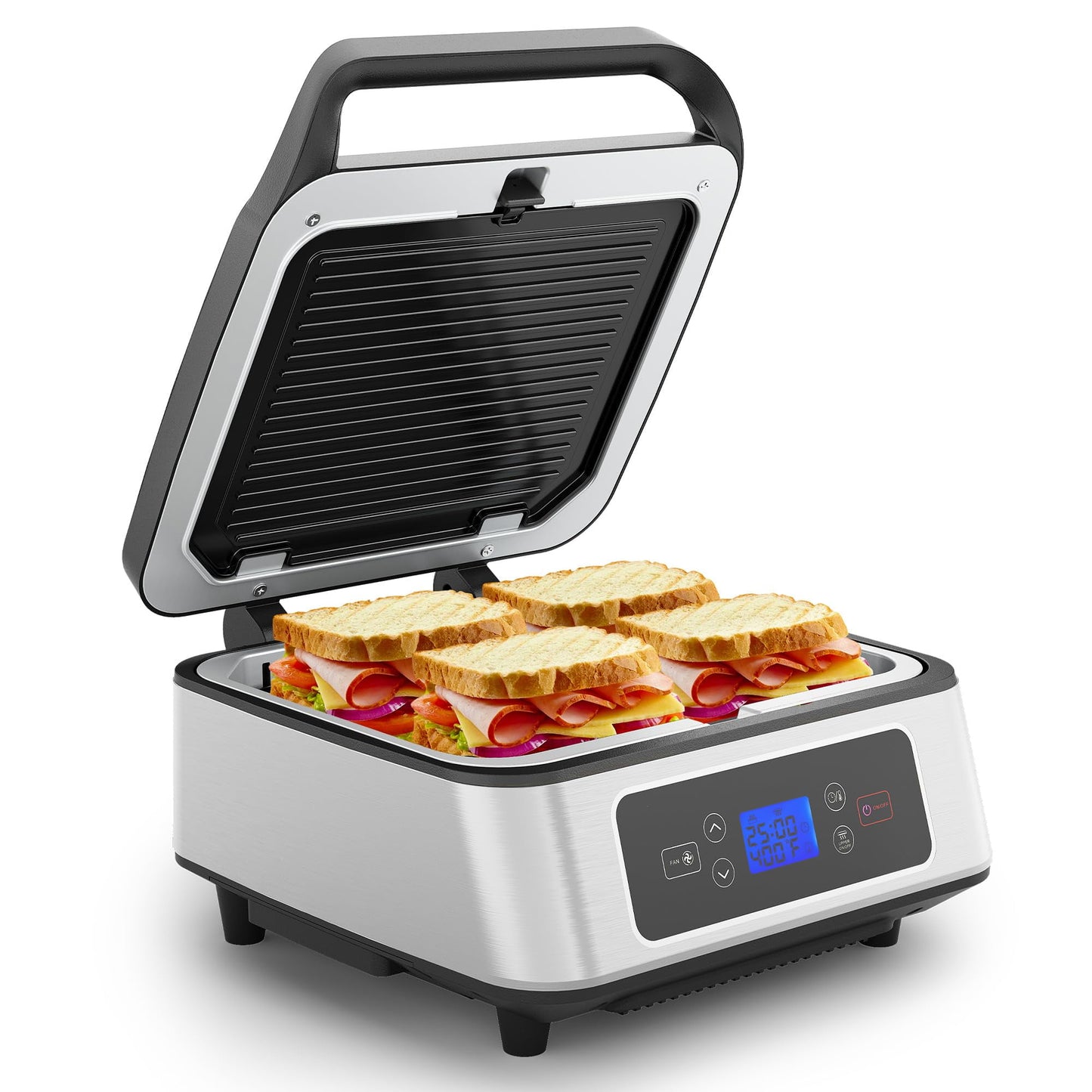 Sunvivi 1300W Smokeless Indoor Grill, Electric Panini Press Sandwich Maker with Auto-Lift, Fan, Independent Upper Heating, and Smart Time & Temperature Control, Removable Non-Stick Plates