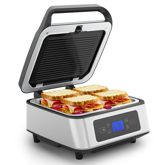 Sunvivi 1300W Smokeless Indoor Grill, Electric Panini Press Sandwich Maker with Auto-Lift, Fan, Independent Upper Heating, and Smart Time & Temperature Control, Removable Non-Stick Plates