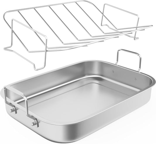 Sunvivi 15.6in Roasting Pan with V-Shaped Rack, Rectangular Lasagna Pan with Handle, Non-Stick Stainless Steal Roaster for Turkey, Chicken, Vegetable, Silver